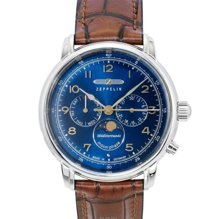 Zeppelin 100 Jahre Mediterranee Moonphase Leather Strap Blue DIal Quartz 96363 Men's Watch