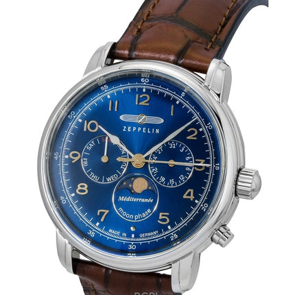 Zeppelin 100 Jahre Mediterranee Moonphase Leather Strap Blue DIal Quartz 96363 Men's Watch