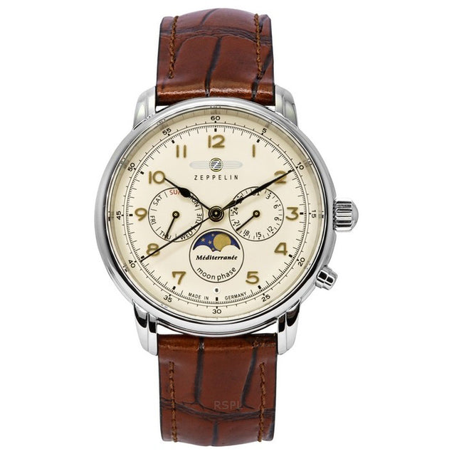 Zeppelin Mediterranean Moon Phase Leather Strap Beige Dial Quartz 96365 Mens Watch