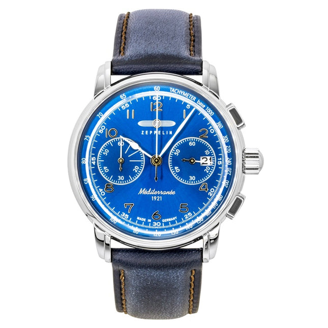 Zeppelin Mediterranee Chronograph Leather Strap Blue Dial Quartz 96703 Men's Watch