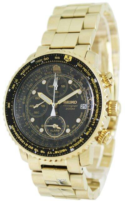 Seiko Alarm Chronograph Pilots Flightmaster Gold Plated SNA414P1 Watch