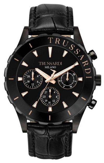 Trussardi T-Logo Black Dial Leather Strap Quartz R2451143003 Mens Watch