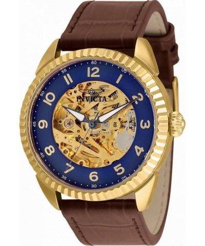 Invicta Specialty Blue Skeleton Dial Leather Strap Automatic 36564 Mens Watch