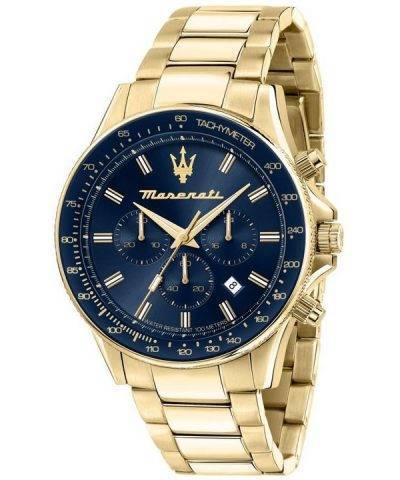 Maserati Sfida Chronograph Gold Tone Stainless Steel Blue Dial Quartz R8873640008 100M Men's Watch
