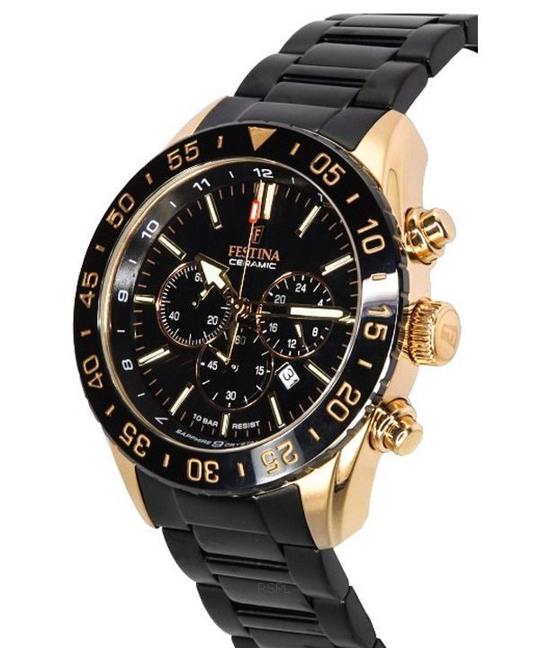 Men\'s Ceramic 100M Festina Quartz 20578-1 Black Chronograph Watch Dial